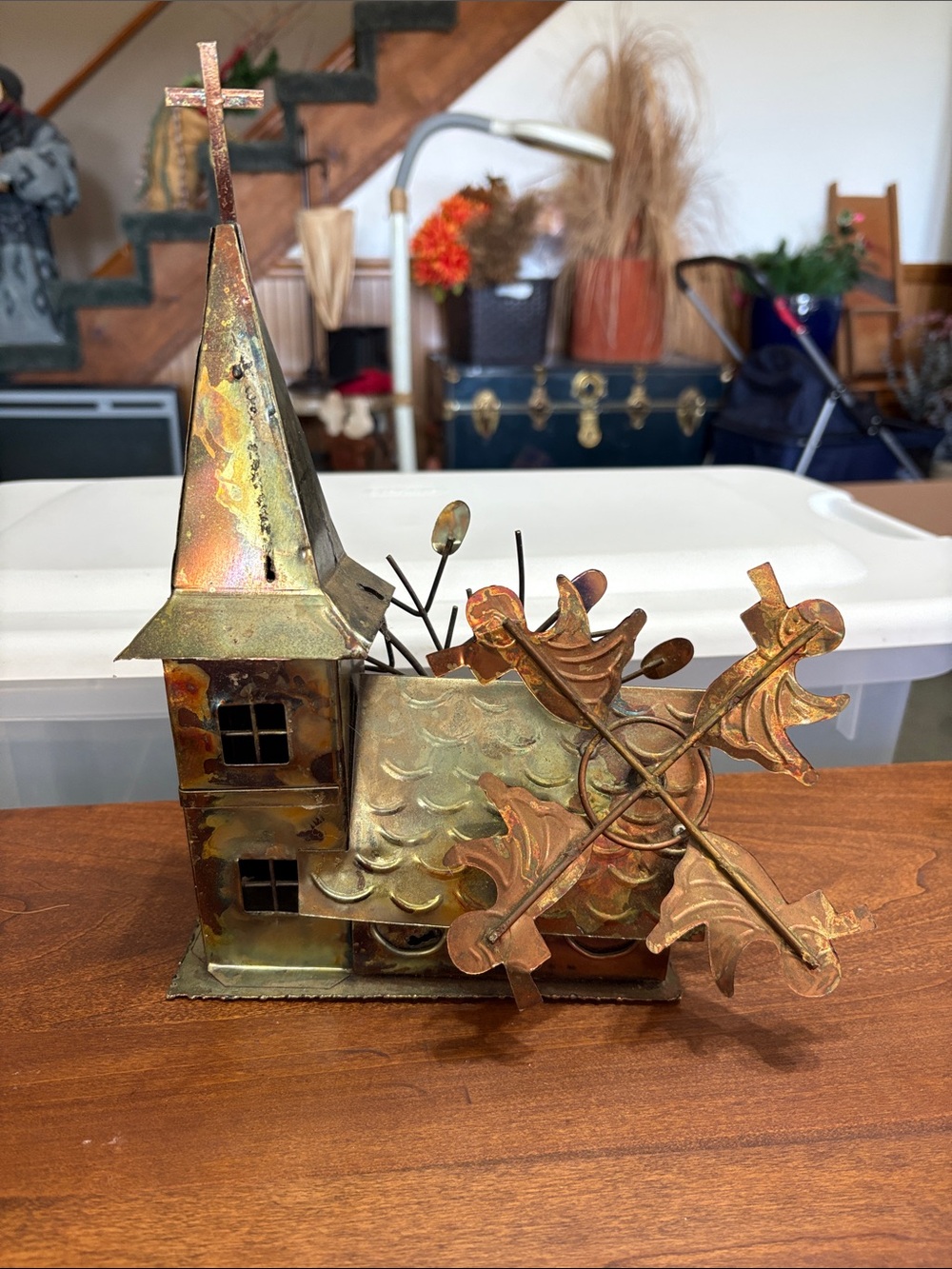 Musical Metal Church Sculpture in Copper and Gold Tones.